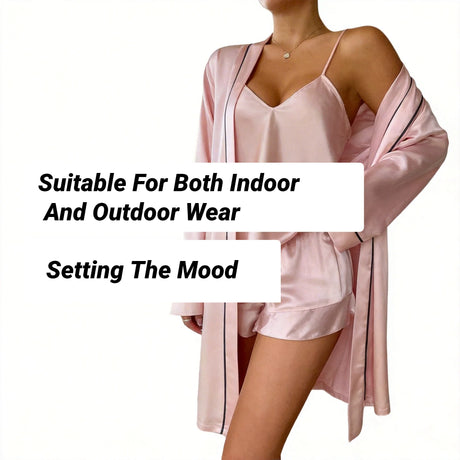 Simple Satin Pajama Set Long Sleeve Belted Robe V Neck Cami Top And Shorts Women's Sleepwear