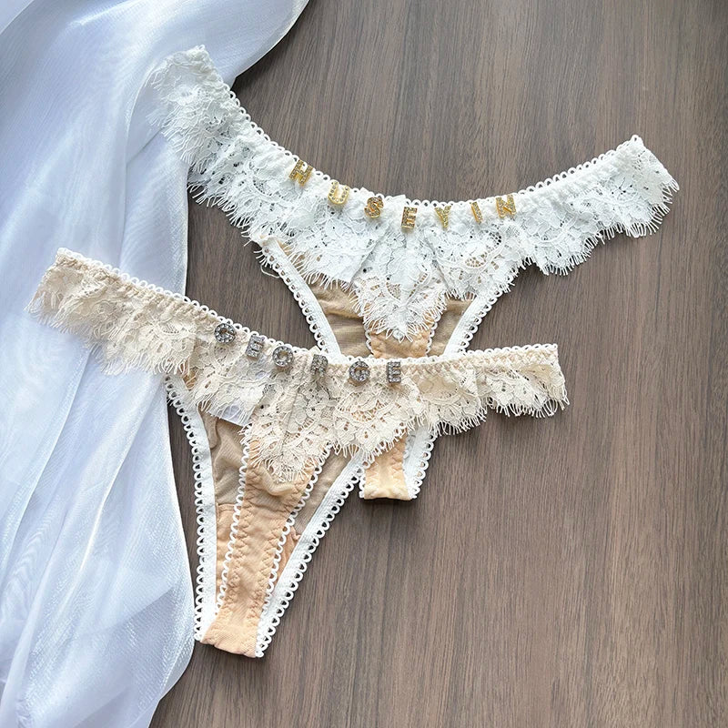 Lady Personalized Custom Thongs Name Crystal Letter T-back Tanga Sexy Women Lace Customized G-String Name Underwear Panties