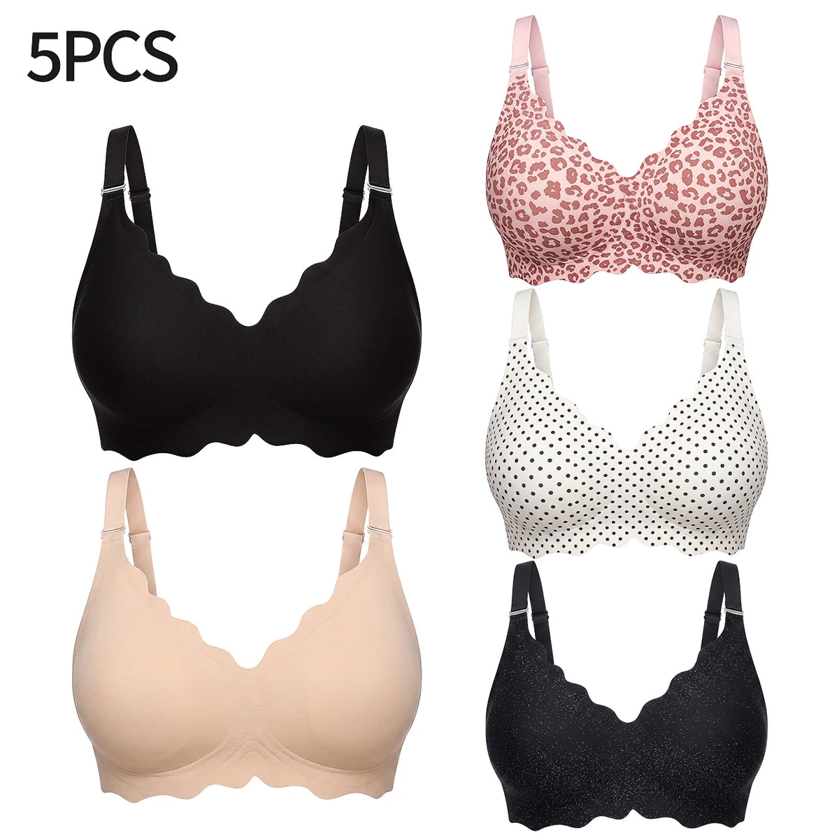Bras for Women No Underwire Scalloped Wireless Push Up Bra Seamless Full Coverage Supportive Plus Size Tshirt Bra, Soft Breathable Comfortable Bralette, Leopard & Polka Dot Print Ice Silk Bra