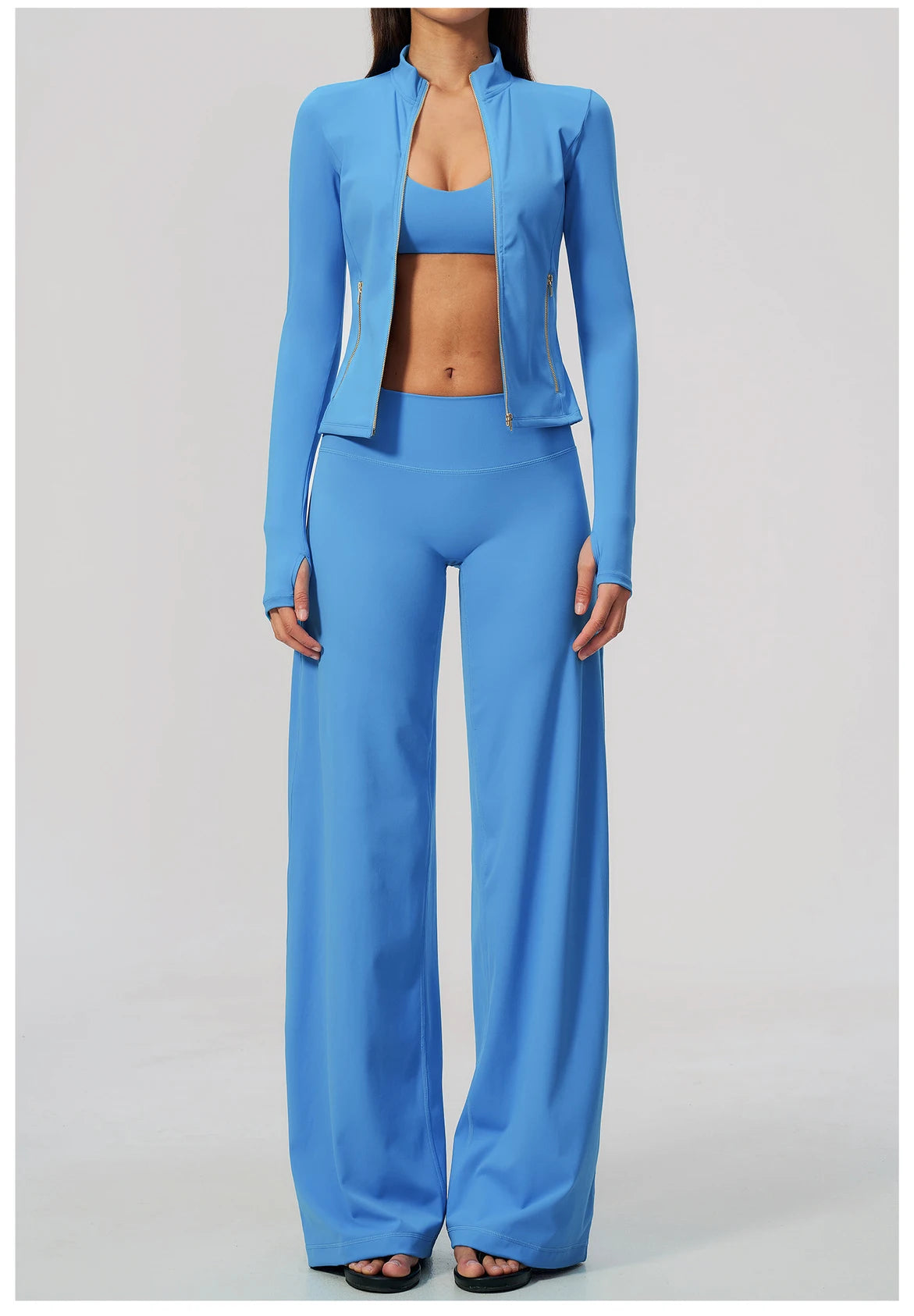 Women's 2/3Pcs Yoga Set Zip Jacket Sports Bra Cross Back Wide Leg Flare Pants Push Up Gym Set Workout Running Fitness Activewear