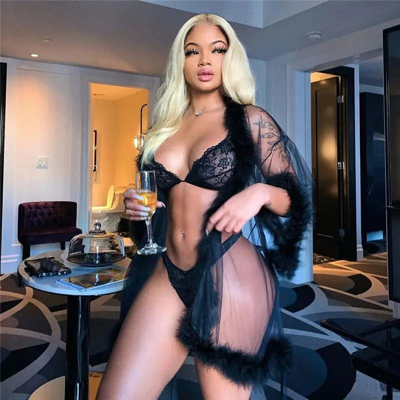 Thin Transparent Plush Pajamas Woman Sexy Lingerie Exotic Sleepwear Erotic Nightgown Porn Bathrobe Fancy Costume Boyfriend Shirt