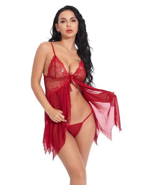 Pink Lace Mesh Nightgowns Sleepwear Women Sexy Lingerie Babydoll Revealing Plunge Neckline and Thigh-High Split Dress Underwear