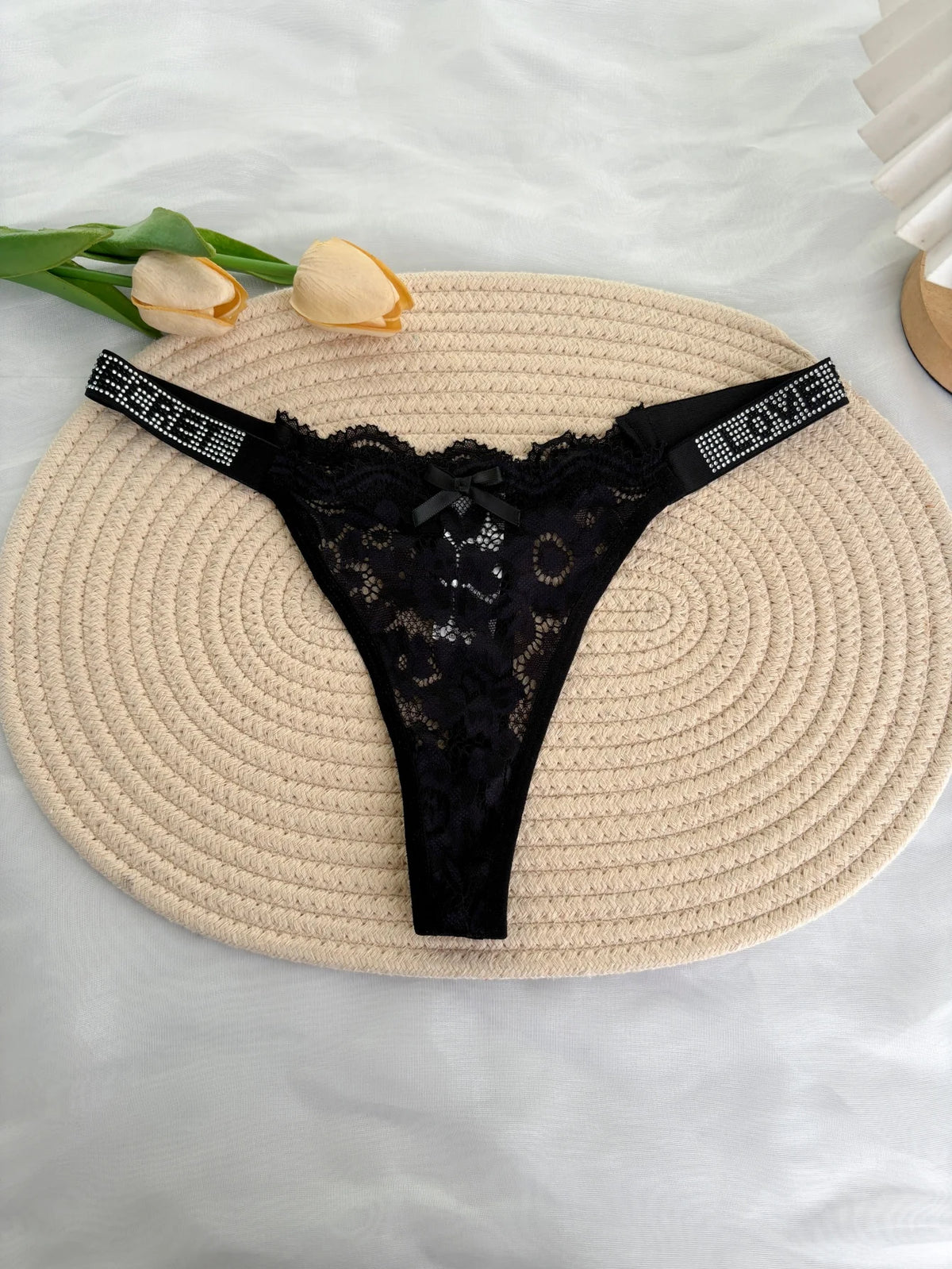 Custom Rhinestone Letter Name Thong Sexy Lace Panties Low-Rise Crystal Letter G-string Personalized Gift Wife Lover Anniversary