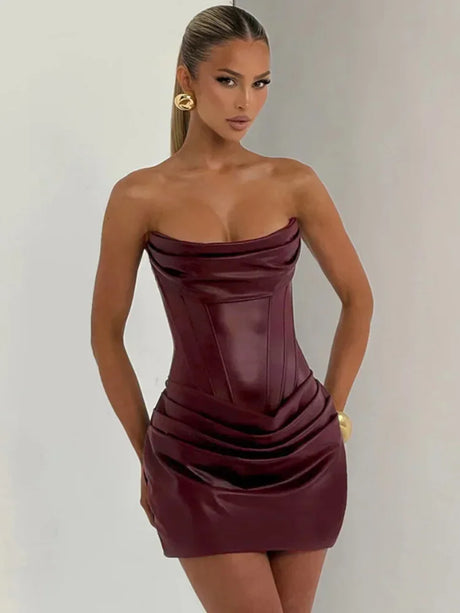Chaxiaoa PU Leather Off-shoulder Strapless Sexy Mini Dress Women Gown Elegant Backless Sleeveless Ruched Club Party Dresses