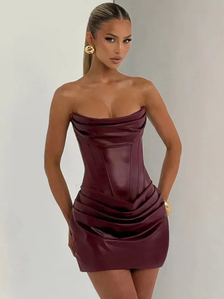 Chaxiaoa PU Leather Off-shoulder Strapless Sexy Mini Dress Women Gown Elegant Backless Sleeveless Ruched Club Party Dresses