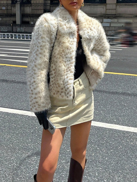 LIMO Women Lapel Leopard Print Faux Fur Jacket Cropped Fluffy Plush Open Front Outerwear