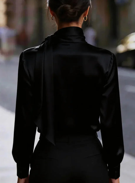 Women High Neck Tie Detail Long Sleeve Satin Blouse Elegant Draped Top for Office or Formal Events