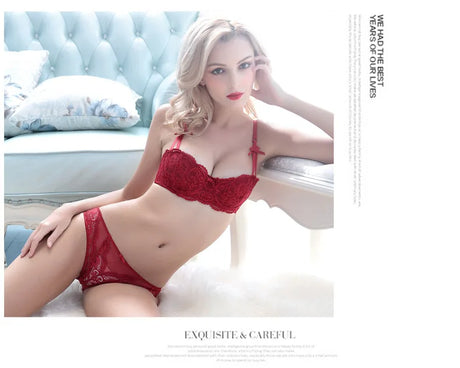 French Red 1/2 Cup Sexy Bra Set Lace Flowers Embroidery Women Underwear Push Up Brassiere and Panties Garter 3 Pieces Sets