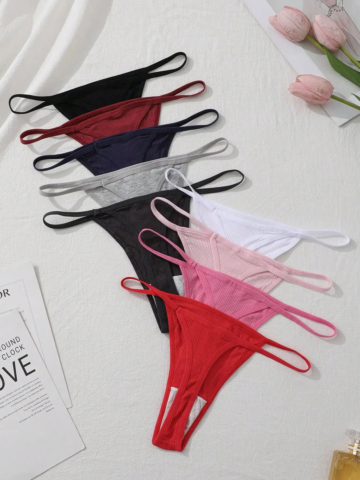 9Pcs Sexy Thong Panties Ribbed Low Waist Seamless Thongs Soft Briefs Breathable Comfortable G-String Underwear Simple Style