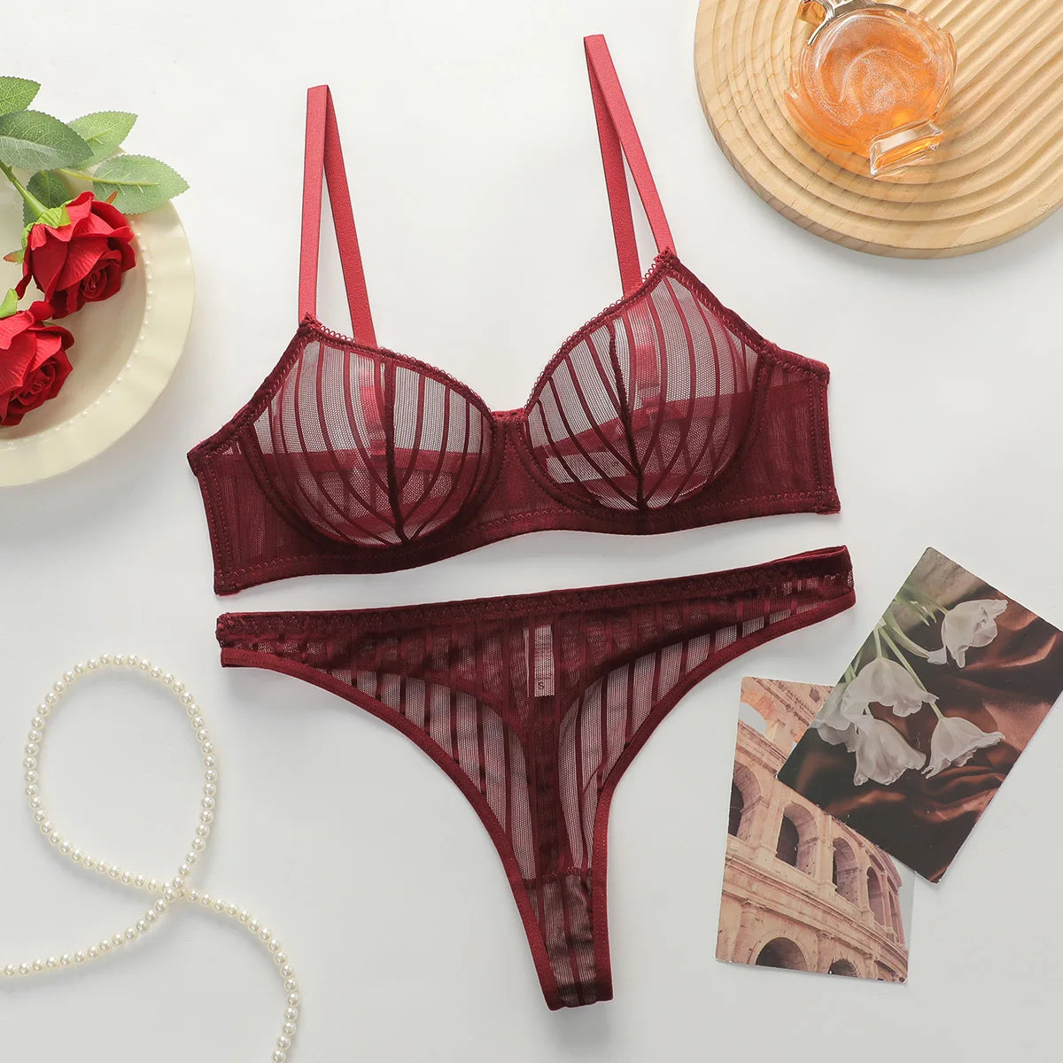 Fashion Stripes Style Lace Lingerie Set Ultra-Thin Red Lace Bra & Thong Sexy Ultra-Thin Underwear Set Ideal Gift for Her MR2864