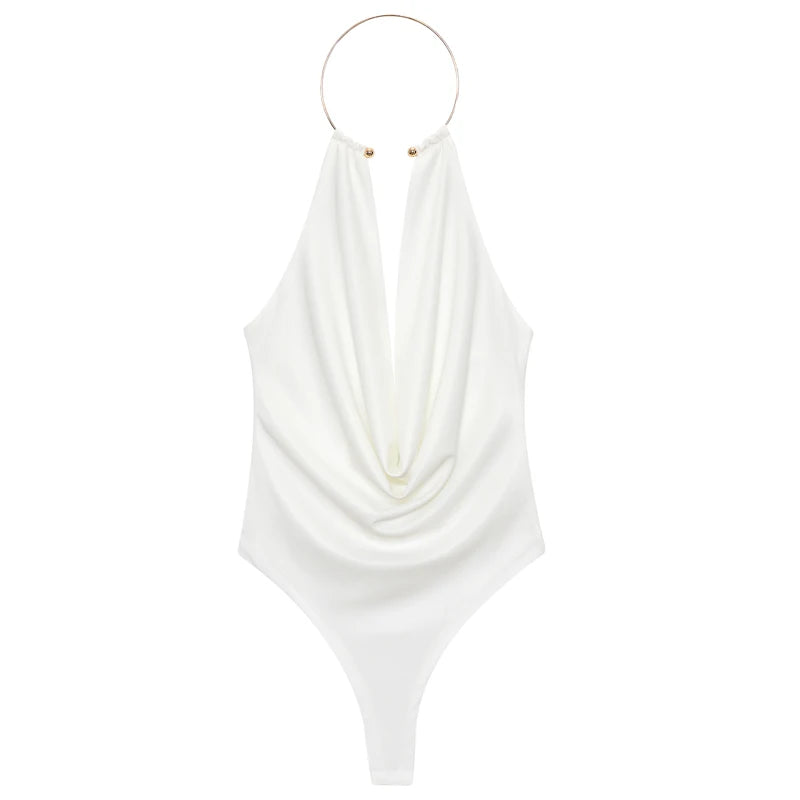 HXAO Sexy Halter Neck Bodysuit Women Summer Brown White Slimming Body Backless Off Shoulder Sleeveless Thong Top Women Bodysuit