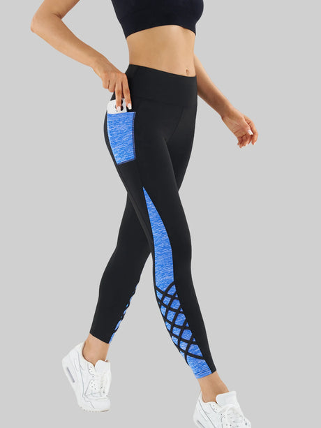 Contrast Geometric Print Pocket Yoga Leggings for Women, High Waist Compression Workout Gym Fitness Trousers