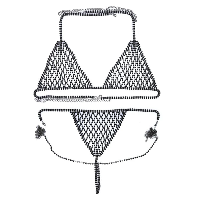 Luxury Sexy Crystal Fashion Tight Chain Nightclub Bikini Bra and Thong Set Women's Shiny Rhinestone Mesh Strap Underwear