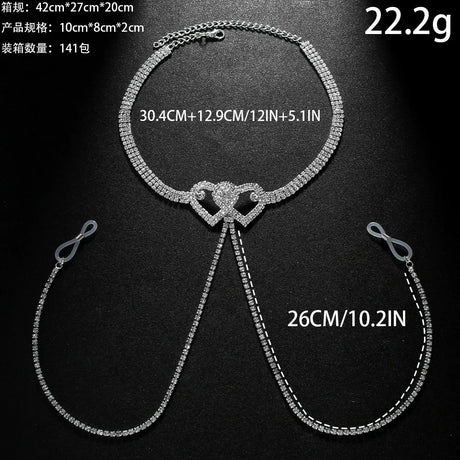 Sexy Double Heart Nipple Chain Necklace for Women Bikini Lingerie Festival Clothing Rhinestone Chest Chain Nightclub Jewelry