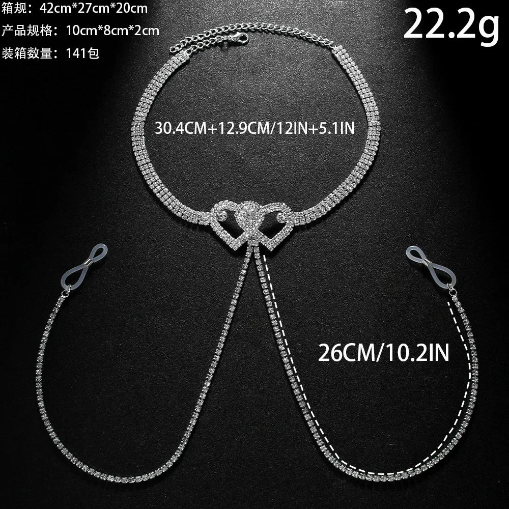 Sexy Double Heart Nipple Chain Necklace for Women Bikini Lingerie Festival Clothing Rhinestone Chest Chain Nightclub Jewelry