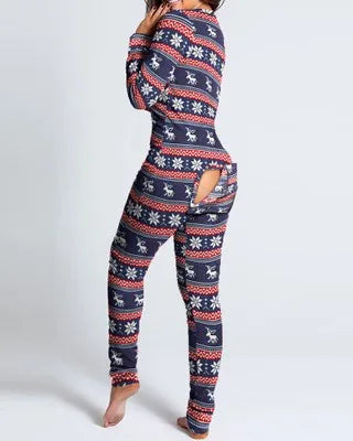 Sexy Pyjama Women's Long Sleeves Homewear Suit Button-Down Front Back Butt Bum Open Ass Flap Jumpsuit Loungewear Christmas Print