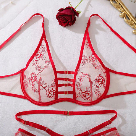 Women Red Floral Embroidery Lingerie Set 4 Piece Sheer Mesh Garter Belt Hollow Out Underwear Harness Strappy Romantic Nightwear