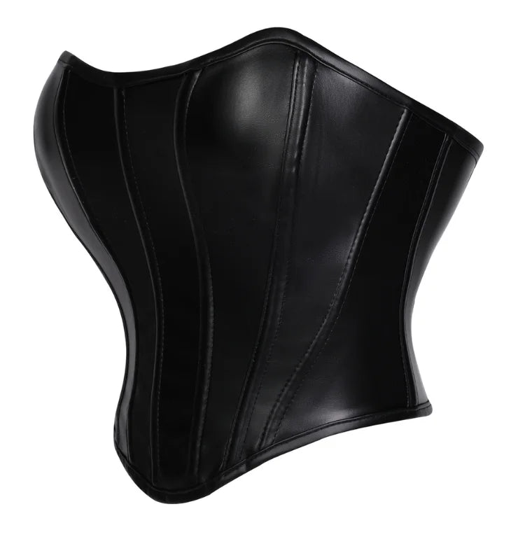 Women Faux Leather Strapless Corset Boned Back Lace Up Waist Cincher Gothic Party Club Night Out Wear