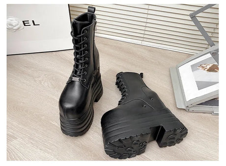 Height Increasing Women's High Boots Black Leather Thick Bottom Platform Shoes Side Zip Gothic Punk Short Boots Street Style