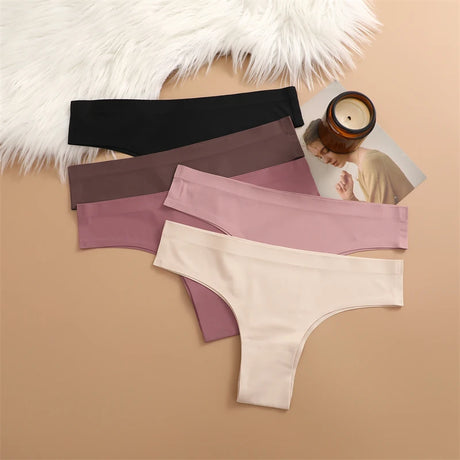 FINETOO 3PC Women Seamless Panties Sexy Brazilian Thong Female Low Waist Solid Color Briefs Comfortable Invisible G-string Panty