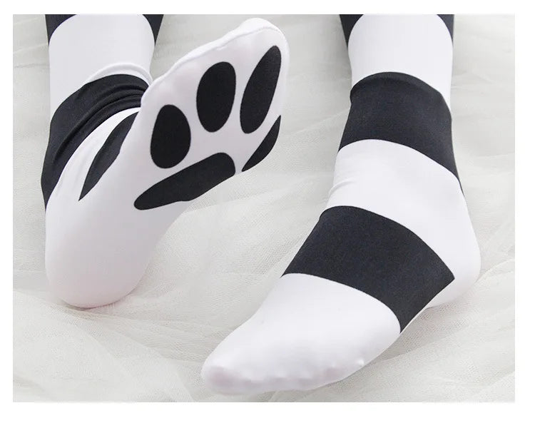 Lolita Over Knee Socks Pink Strip Kawaii Cat Paw Print Stockings Lolita Gothic Velvet Over The Knee Thigh High JK Long Stockings