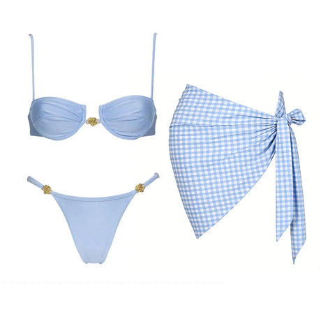 Push Up 3Pcs Swimsuit Sexy Bikini Women Swimwear Brazilian Biquini Crochet Skirt Bathingsuit Female Solid Swim Suit Beachwear