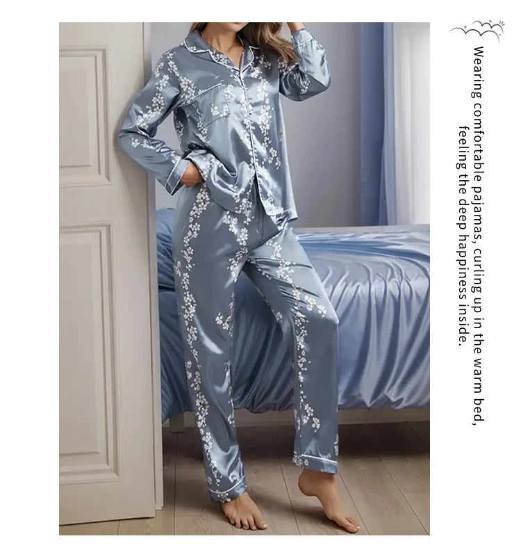 Women Satin Pajama Casual Sleepwear Home Clothes Suit Autumn Long Sleeve Button Up Top & Pants Nightwear Loungewear Pyjama Femme