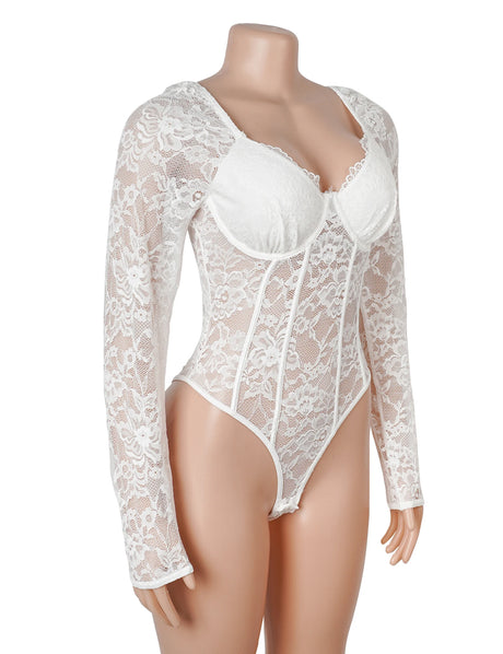 Women Sexy Lace Long Sleeve Bodysuit Underwire Square V Neck Open Crotch Clubwear Top Plus Size Snap Closure Teddy Lingerie