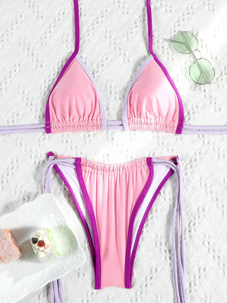 Rinabe Pink Bikini String Bikinis Triangle Swimsuit High Cut Swimsuits Sexy Swimwear Halter Bathing Suit New Style Beachwear