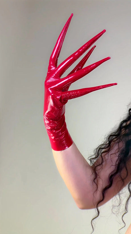 POINTED FINGER GLOVES 85cm 33" Long Spike Shoulders Patent Faux Leather PU Arm Warmers Shine Black LLDLLNT
