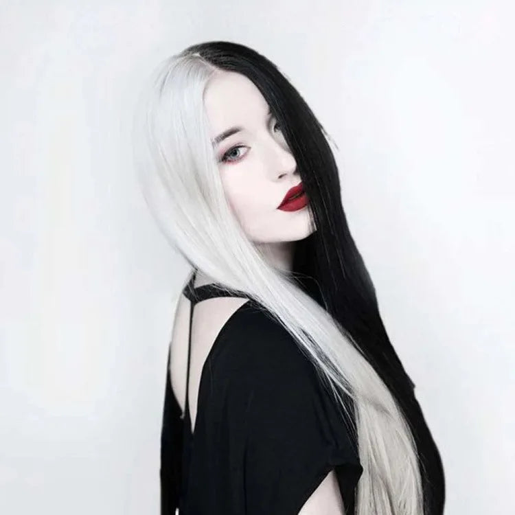 Cosplay Halloween Party Wigs CRUELLA Deville De Vil Black White With Bangs Short Bob Hair for Women Heat-Resistant Synthetic Wig
