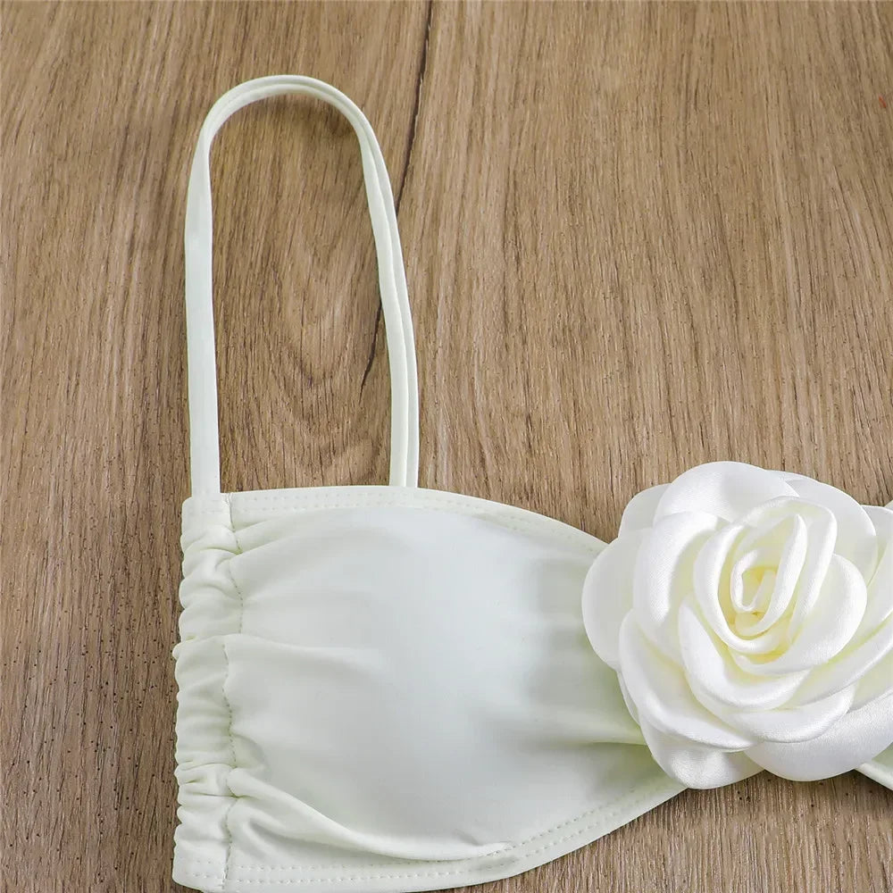 Sexy Flower Bandeau Swimwear Thong Bikini Women Lace-up Swimsuits Swimming Bathing Suit Brazilian Bikinis Set Mujer Biquini