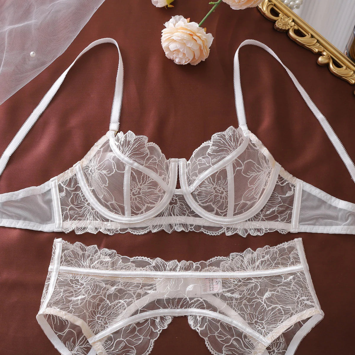 Ellolace French Women's Lingerie Fantasy Embroidered Bra Belt Thong with Leg Circles Elegant Floral Romantic Cute Miss Underwear