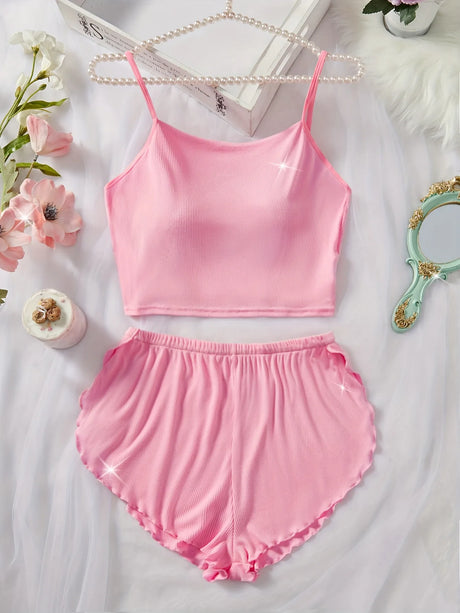 Women’s 2 Piece Solid Color Pajama Set, Square Neck Crop Cami Top and Ruffle Trim Split Shorts, Ribbed Sleepwear Loungewear