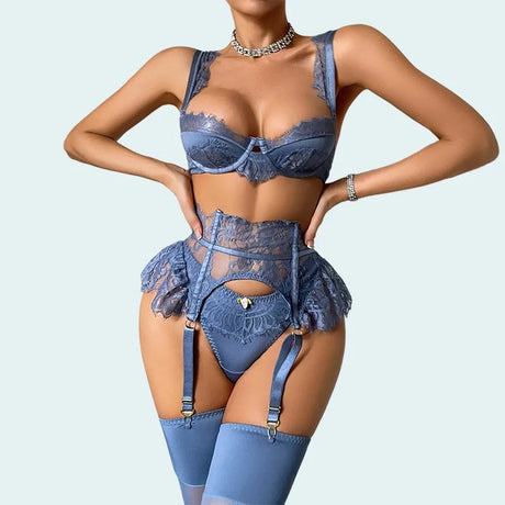 Women's Blue Lace Lingerie Set 4 Piece Bra Panty Garter Belt Stockings Underwire Adjustable Straps Sexy Romantic Nightwear 2026