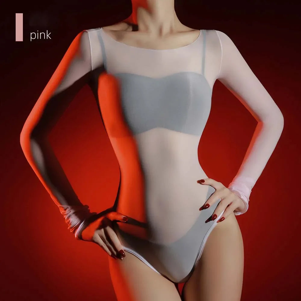 Sexy Women 5D Thin High Cut Bodysuit Oil Shiny Sheer See Through Elastic Tights Yoga Shaping Maid Jumpsuits Unisex Club Leotard