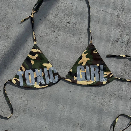 European American Cross Border 2026 Summer Camouflage Halter Letter Print Iron Ring Fashion Bikini Swimwear Set