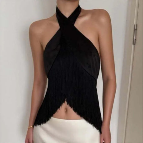 Women Satin Halter Top Asymmetrical Tassel Fringe Crop Top Backless Crisscross Neck Slim Fit Party Club Sleeveless Camisole