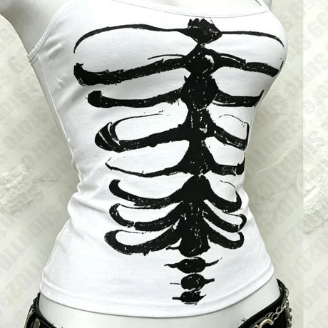 Y2K Gothic Alt Sleeveless Crop Top Vintage Grunge Skeleton Front Back Graphic Slim Women Skeleton Ribcage Spine Cami Tank Tops