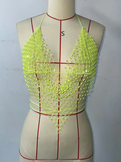 Dazzling Rhinestone Mesh Camisole Sexy Backless Halter Neck Bandage V Neck Hollow Fishnet Tank Top Women Party Club Crop Tops