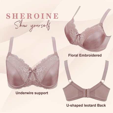 Sheroine Plus Size Floral Lace Underwire Bra, Minimizer Full Coverage Non Padded Support Bra for Everyday Comfort & All-Day Wear