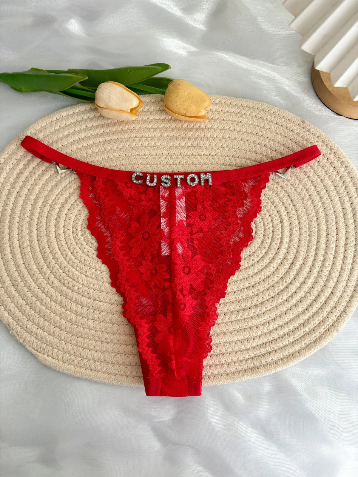 Custom Rhinestone Letter Name Text Sexy Lace Thong Panties Low Rise G-string Personalized Gift Wife Lover Anniversary Festival