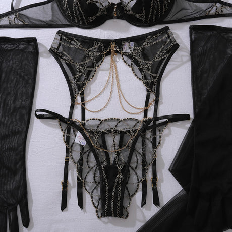 Fashionable spicy girl hanging neck metal chain heavy embroidery shaping sexy underwear five piece set