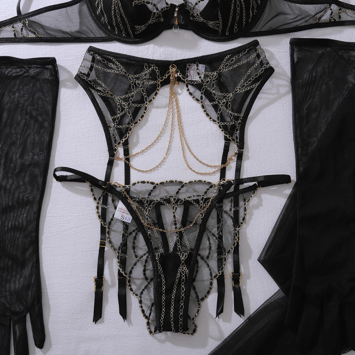 Fashionable spicy girl hanging neck metal chain heavy embroidery shaping sexy underwear five piece set