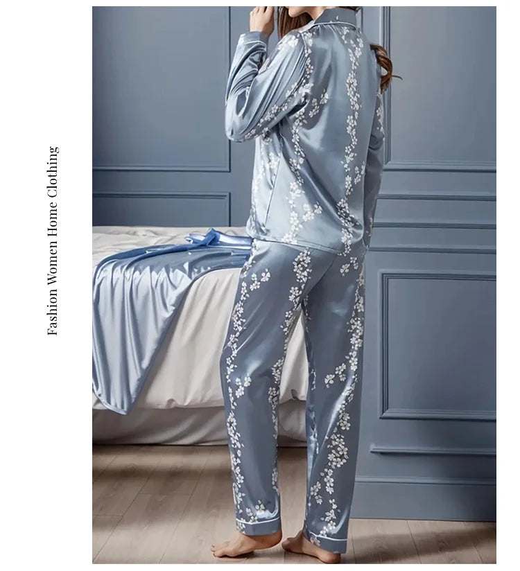 Women Satin Pajama Casual Sleepwear Home Clothes Suit Autumn Long Sleeve Button Up Top & Pants Nightwear Loungewear Pyjama Femme