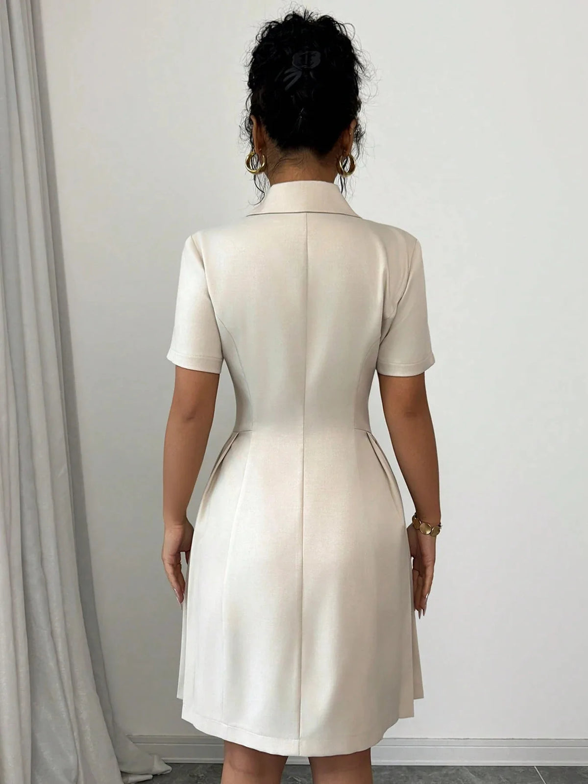 2026 Luxury Dresses Solid Color Notched Lapel Double Breasted Short Sleeve Slim Summer Midi Dress for Woman Clothes
