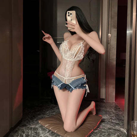 See Through Sexy Tight Women's Clothing , Deep V-neck Shaping,Lace Backless Bodysuit , Adjustable Shoulder Straps,Lady Party Top