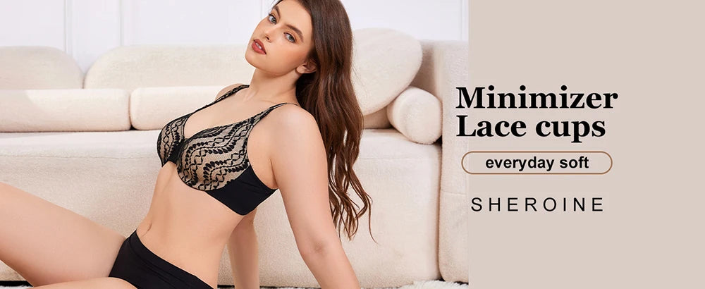 Sheroine Sexy Plus Size Minimizer Bra, Lace Underwire Non-Padded Lingerie for Women Lifting Support Comfort