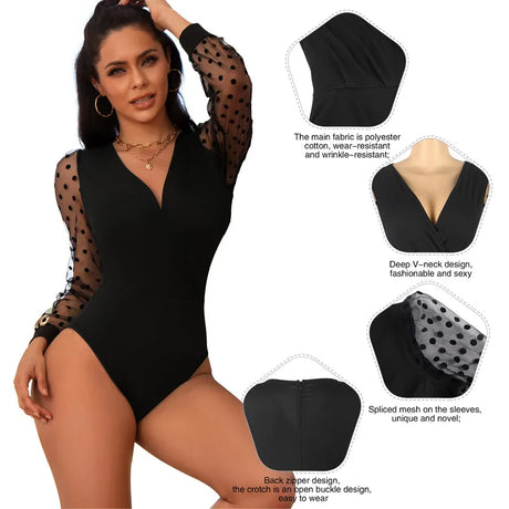 Comeondear Teddy Lingerie Thong Bodysuit Tank Tops Sexy Wrap V Neck Body Traf Polka Dots High Waist Long Sleeve Skinny Body Suit