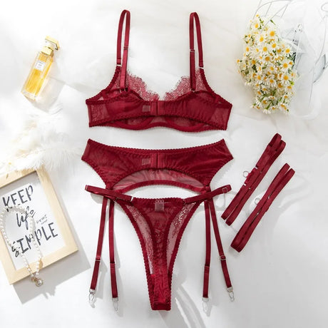 Women's Red Lace Lingerie Set with Underwire Bra High Waist Garter Belt Thong and Thigh Straps Romantic Bedroom Outfit Set 2026